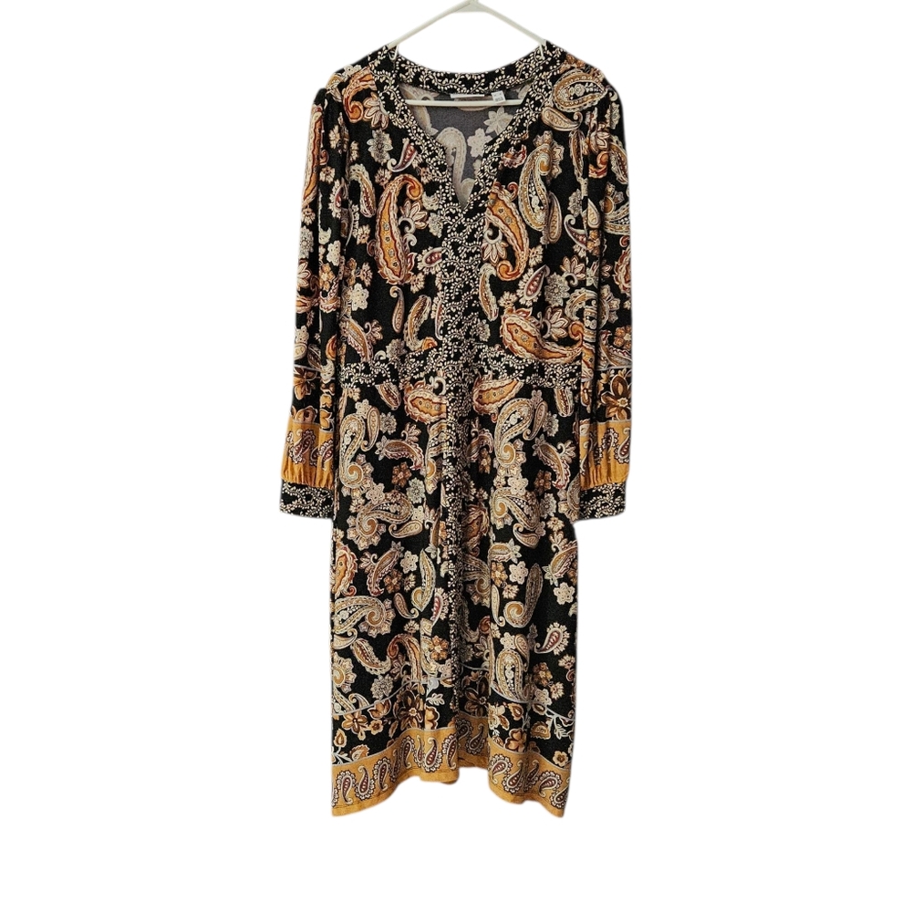 Susan Graver Liquid Knit Split Neck Midi Dress Paisley Print Women's XL